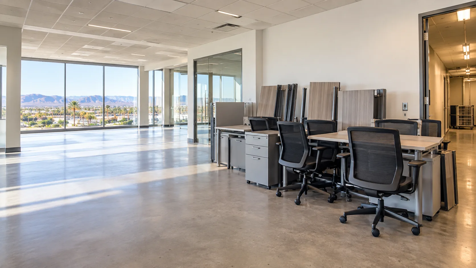 Cleared commercial workspace with office furniture staged for removal